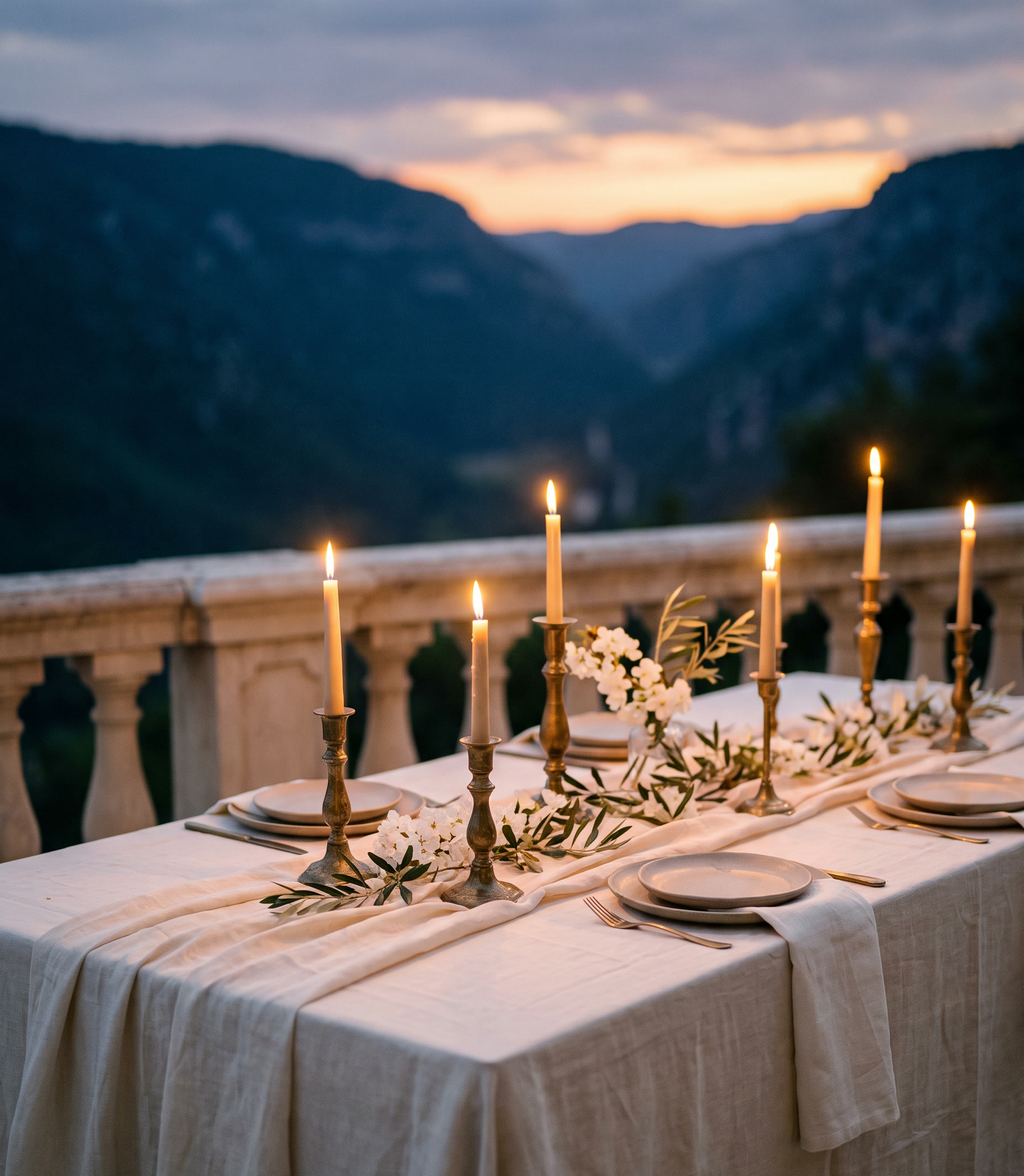 Candlelit tables on the terrace at dusk